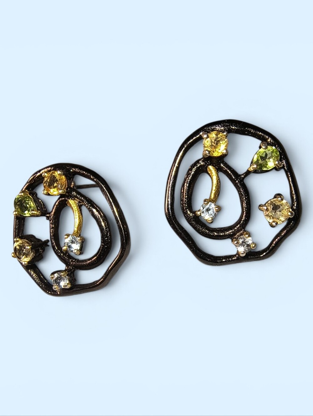 Sterling Silver And Multi Gemstone Oxidized Post Earrings